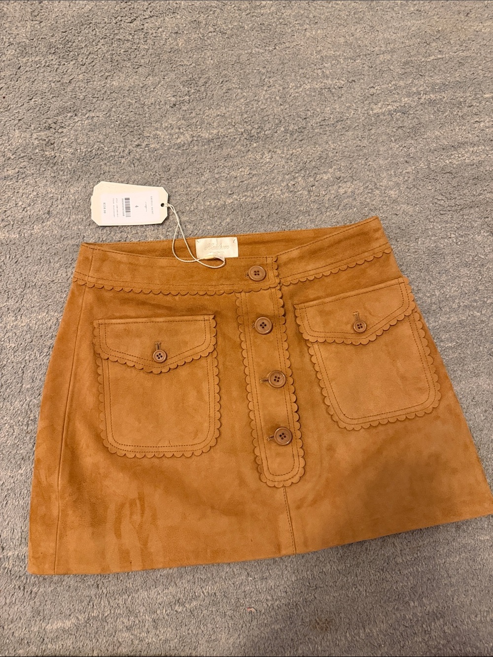 Doen Oriole Tan Scalloped Button-Front Suede Mini Skirt
